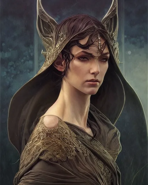 Image similar to portrait of an elven mage, dark, piercing eyes, gentle expression, elegant clothing, photorealistic, highly detailed, artstation, smooth, sharp focus, art by michael whelan, artgerm, greg rutkowski and alphonse mucha