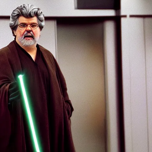 Prompt: a cinematic photo of george lucas dressed as a jedi on his way to work at the kwik - e - mart from the simpsons, beautiful, breaking bad, canon, elegant, star wars, 4 k,