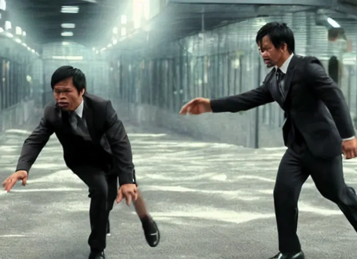 Prompt: film still of manny pacquiao, wearing a suit, dodging a bullet in slow - motion, in the new matrix movie, 8 k, highly detailed face, dark glasses