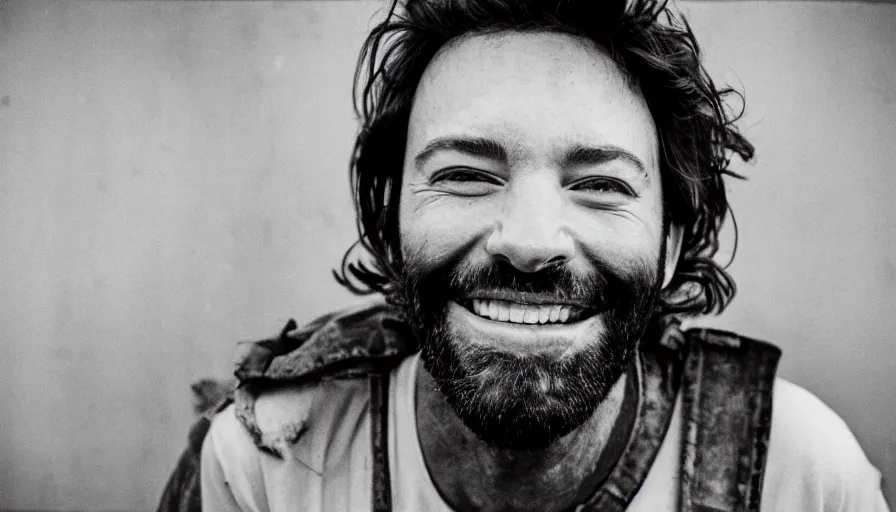 Image similar to far view, extremely skinny malnourished jimmy fallon with long beard, wearing dirty overalls, dirty greasy face, grin, portrait, close up, kodak gold 2 0 0, 5 0 mm,