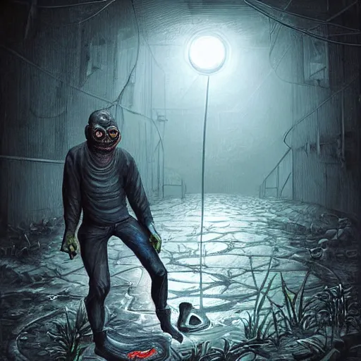 Image similar to a hyper realistic painting of a half lizard half man standing in a sewer, glowing eyes, creepy, horror vibe, real, in the style of dan mumford