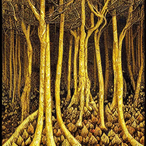 Prompt: a beautiful forest made of ivory and gold, highly intricate, digital art, very detailed, in the style of a weird and dark art noveau flemish painting