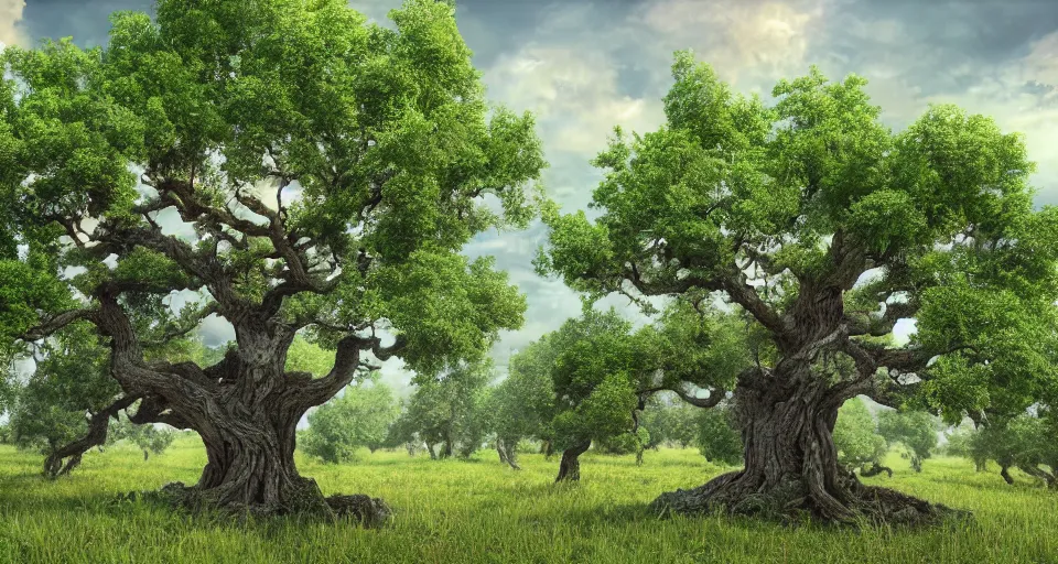 Image similar to A beautiful hyper realistic ultra detailed lifelike matte painting of an old oak tree in a vineyard, unreal engine, deviantart, flickr, artstation, octane render, textured, colorful, extreme realistic detail, physically based rendering, pbr render, very detailed, volumetric lighting, detailed lighting, octane render, 4k, cinematic lighting, 8k resolution