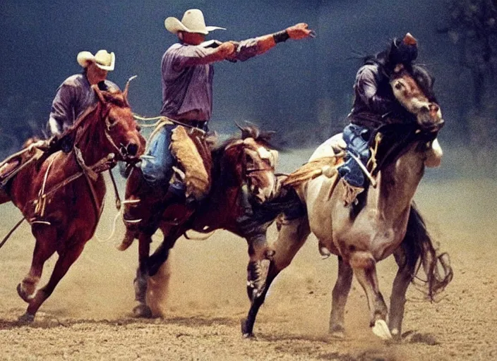 Prompt: a cowboy horse chase vigilantes with face masks disguise, shoot out, exploding horse wide shot, from the hit 1 9 9 0 s tv show on tnt