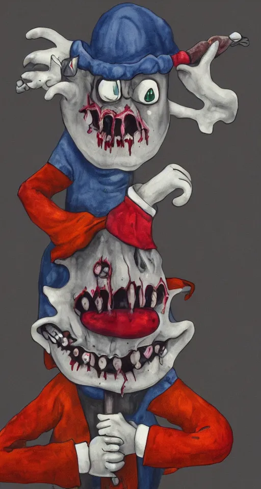 Prompt: water painting of a sad jester in a clown suit with a sad face reluctantly eating a human corpse, gothic, dark, gory, fear, 4 k, realistic, sad, surreal, volumetric lighting