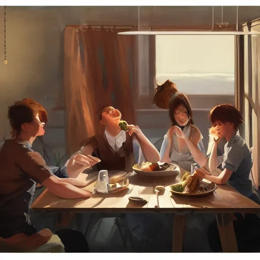 Prompt: a steaming pile of poop on a dinner table, family seated around the table with happy faces, trending on art station, realistic shaded lighting poster by ilya kuvshinov katsuhiro, magali villeneuve, artgerm, jeremy lipkin and michael garmash, rob rey and kentaro miura style