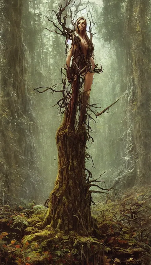 Prompt: Realistic painting of a high fantasy wood elf wizard in a magical forest clearing by John Howe, Greg Rutkowski, Frank Frazetta, Artgerm, Donato Giancola, Christophe Vacher, dramatic lighting