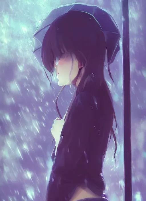 Prompt: listening to music at 2 am, pretty face, perfect body, pose, rain, lofi, lo - fi, peaceful, street light, anime key visual, poster, anime, by wlop, high quality, 4 k, trending, trending on artstation