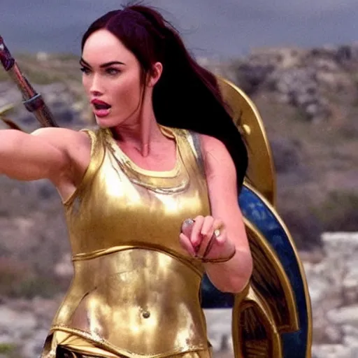 Image similar to megan fox as the greek goddess athena in battle, scene from live action movie