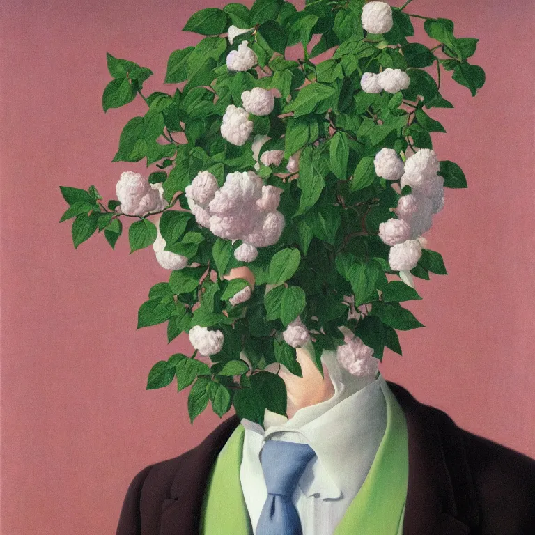 Image similar to portrait of a man, face hidden by beautiful flowers, by rene magritte, detailed painting, hd, hq, high resolution, high detail, 4 k, 8 k