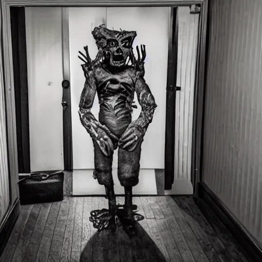 Prompt: photo of nightmare fuel walking through your door at night