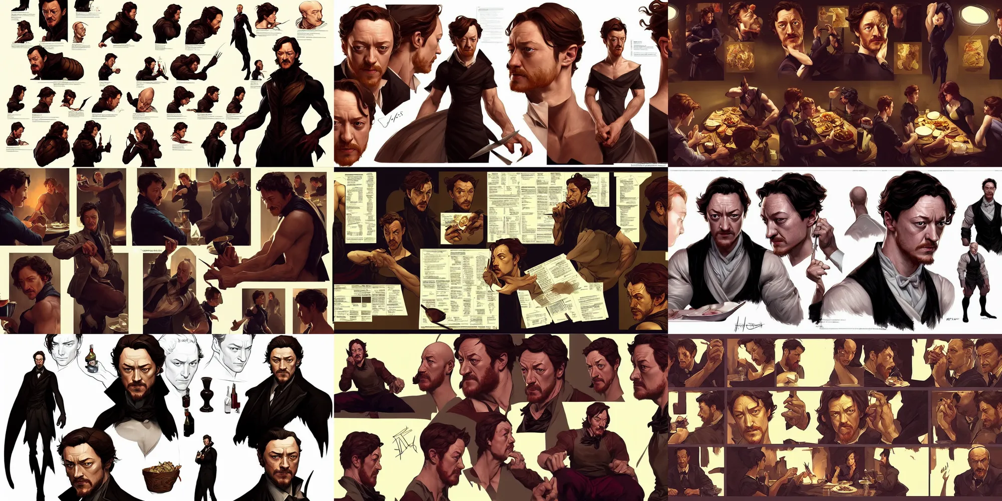 Prompt: james mcavoy eating dinner, character sheet, character design, contrast, deep focus, turnaround, highly detailed, dramatic lighting, digital painting, artstation, concept art, matte, sharp focus, illustration, elegant, art by artgerm and greg f and alphonse mucha.