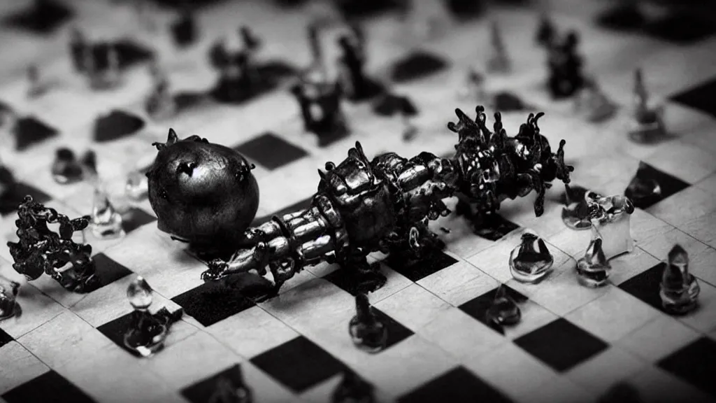 Prompt: beautiful photo of a coronavirus as a piece on a chessboard, dark, sinister, detailed, high contrast, art by Greg Rutkowski
