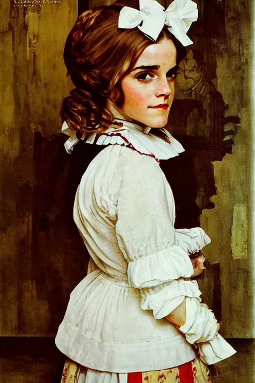 Image similar to photo photorealistic portrait photograph Emma Watson as maid portrait by Norman Rockwell