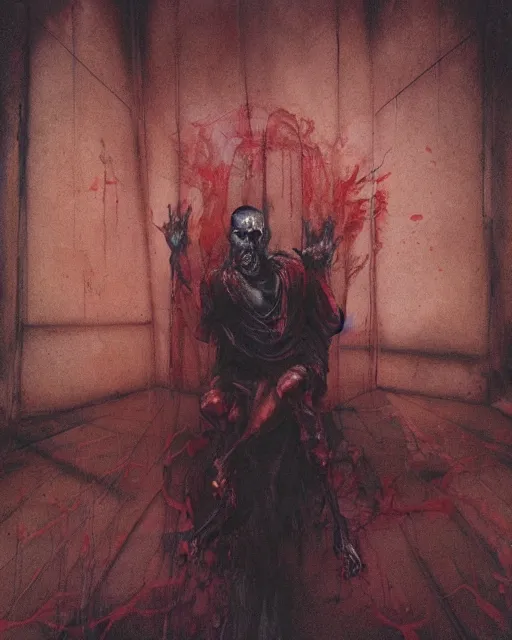 Prompt: dark fleshy figure seated in agony alone inside an empty dark ballroom in the style of Francis Bacon, Ayami Kojima, Amano, Karol Bak, Greg Hildebrandt, and Mark Brooks, dimly lit interior room, Greg Rutkowski and Francis Bacon, perfect smile