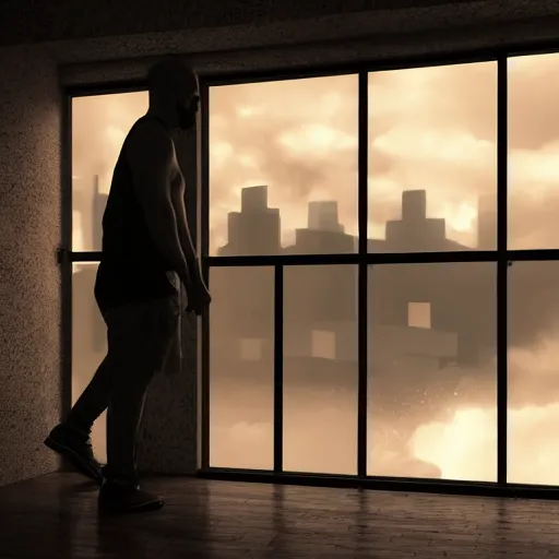 Prompt: siluette of a man in front of a window with 3 d waves hitting it, octane render, unreal engine, hyper detailed