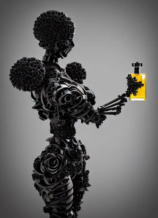 Prompt: elegant biomechanical black statue carrying perfume bottle made of corals, daisies, roses, well contoured smooth fair walls carrying perfume bottle, up close shot, sharp focus, global illumination, radiant light, alexandre ferra white mecha, irakli nadar, octane highly render, 4 k, ultra hd,