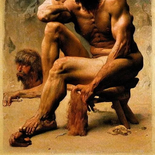 Image similar to portrait of an ancient human species neanderthal muscular hairy man, by bouguereau, norman rockwell