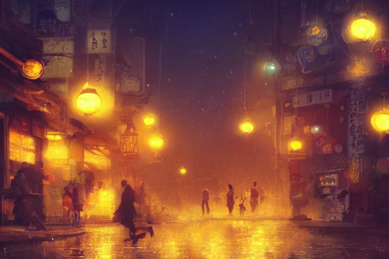 Prompt: fantasy art of glowing goldfish swimming in the air, in the streets of a japanese town at night, with people watching in wonder, by craig mullins, highly detailed digital art, trending on artstation