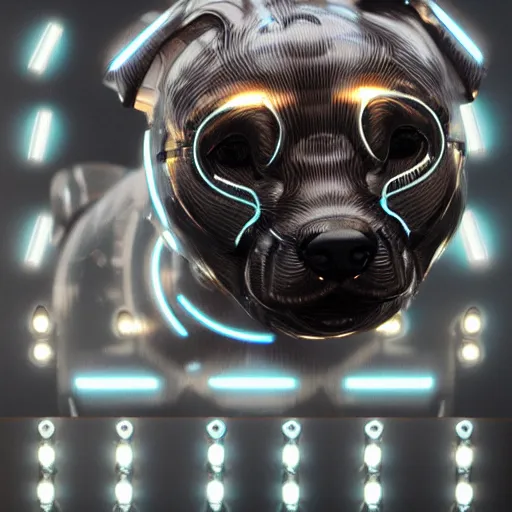 Prompt: cybernetic puppy, led lights, wires, hyperdetailed, hyperrealistic, reflections, futuristic, highly detailed, trending on artstation HQ, 4k, UHD