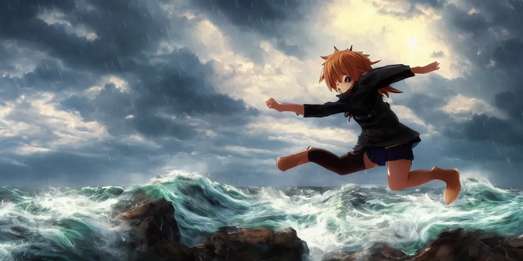 Prompt: anime catgirl jumping through a precipice on the coast up high, waves shattering on the rock, dramatic atmosphere, gloomy rainy weather, cinematic