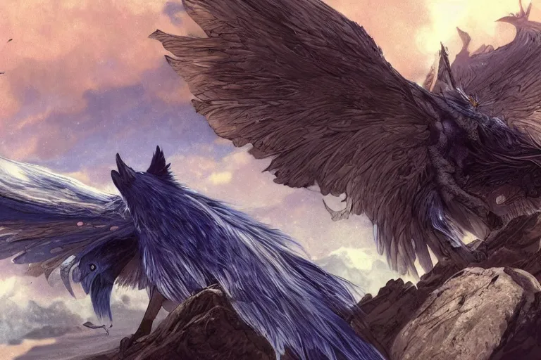 Prompt: Blue feathered wolf with wings on a beautiful fantasy landscape, hills, mountains, moonlit, HD, illustration, epic, D&D, fantasy, intricate, elegant, highly detailed, digital painting, artstation, concept art, smooth, sharp focus, illustration, wallpaper, art by artgerm and greg rutkowski and alphonse mucha and jin xiaodi and anthony devine and yigit korogly