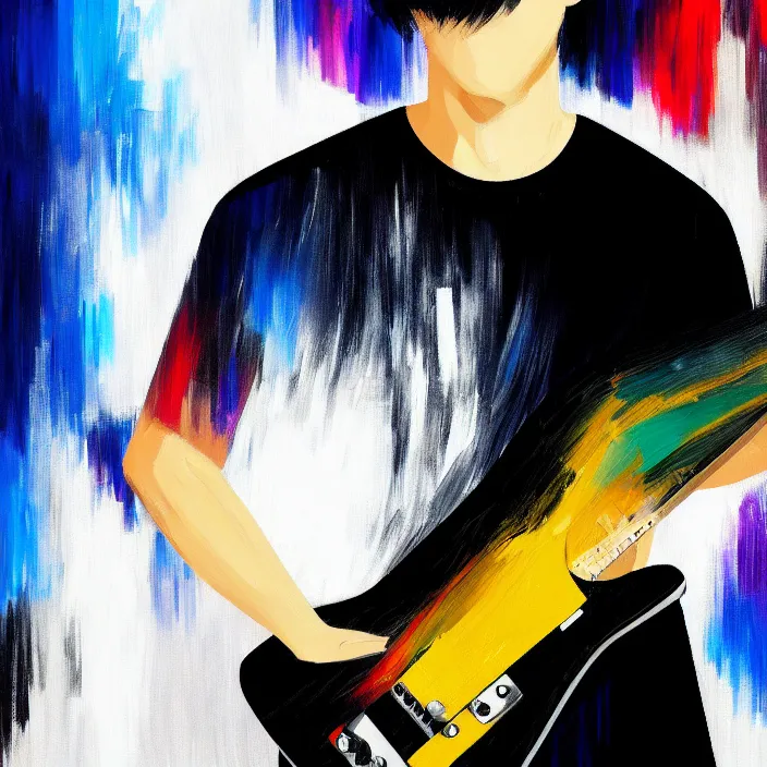 Prompt: large diagonal brush strokes, abstract dark painting of a young korean male musician wearing black tank top holding a telecaster!!! electric guitar!!, thick flowing dramatic brush strokes, dark matte colors!!, abstract, impressionist, motion, trending on artstation