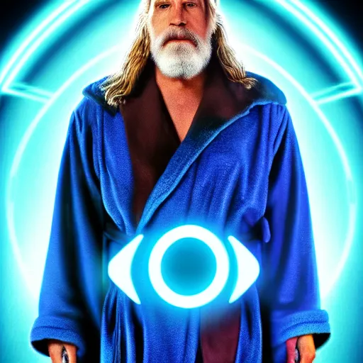 Image similar to dude lebowski dressed in bathrobe played by jeff bridges, stuck in tron realm, photorealistic movie still, detailed 8 k, poster style, high resolution