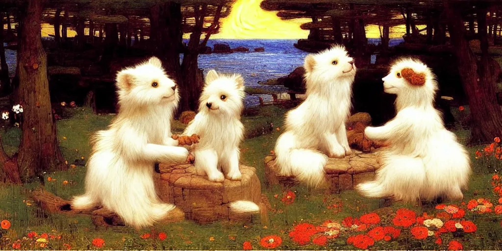 Image similar to 3 d precious moments plush animal, realistic fur, moonrise by the sea, master painter and art style of john william waterhouse and caspar david friedrich and philipp otto runge