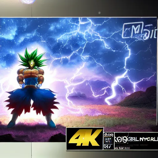 Prompt: photorealistic full shot of Broly at moonlight, lightning bolt, apocalyptic background, by Akira Toriyama, high detail, unreal engine 4k volumetric light, fog,