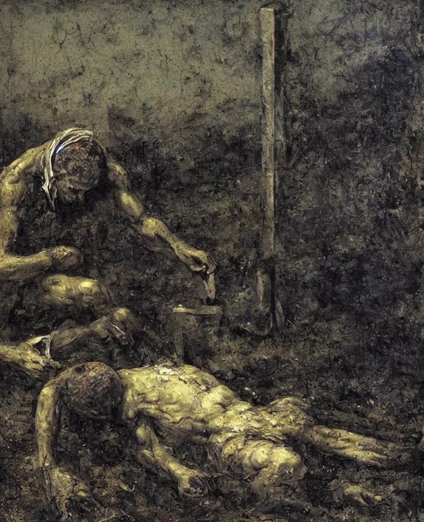 Image similar to a man in a cemetery digging up a dead body, by nicola samori, painting, 8 k, high detail, medium blue, orange, and dark green tones, high quality, sad feeling, high detail, dark colors, sinister atmosphere, dramatic lighting, cinematic, establishing shot, extremely high detail, photo realistic, cinematic lighting