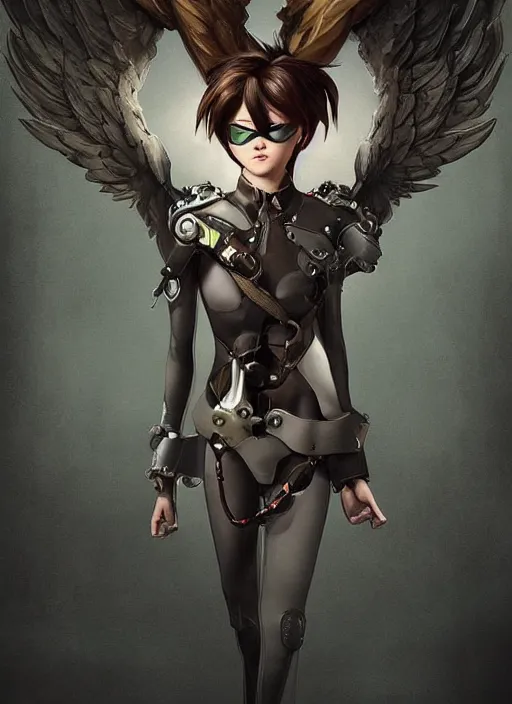 Image similar to full body artwork of tracer overwatch wearing leather collar in style of zdzisław beksinski, angel wings, dramatic painting, symmetrical composition, wearing detailed leather collar, black shiny armor, chains, black harness, detailed face and eyes,