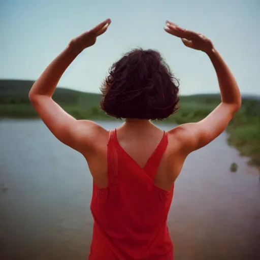 Image similar to beautiful young woman, short hair, tank top, arms raised above her head, cottagecore, razorfree, hippie, naturist, portrait photography, portra 800