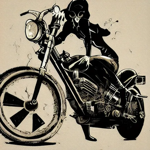 Image similar to a comic noir illustration of a hot tattood women riding a motorcycle through a post-apocalyptic desert by Queens of the Stone Age and sachin teng, dark vibes, street art, cinematic, high contrast, depth of field