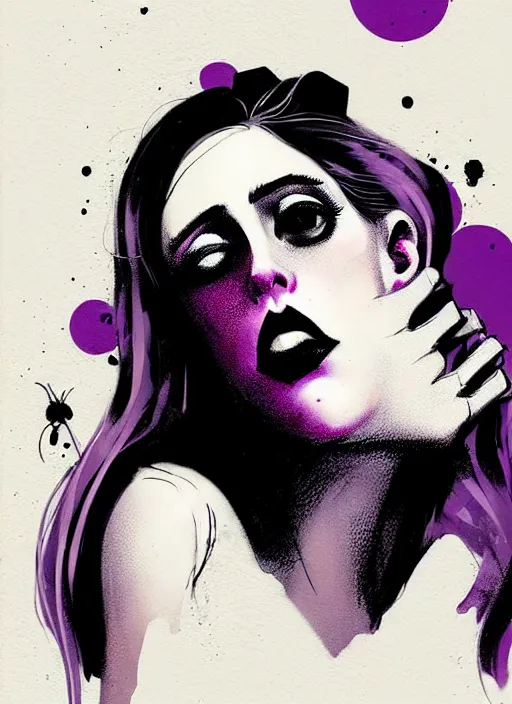 Image similar to highly detailed closeup portrait of beautiful carly chaikin as darlene alderson, moody punk style, by atey ghailan, by greg rutkowski, by greg tocchini, by james gilleard, by joe fenton, by kaethe butcher, gradient purple, black and white color scheme, grunge aesthetic!!! ( ( graffiti tag wall background ) )