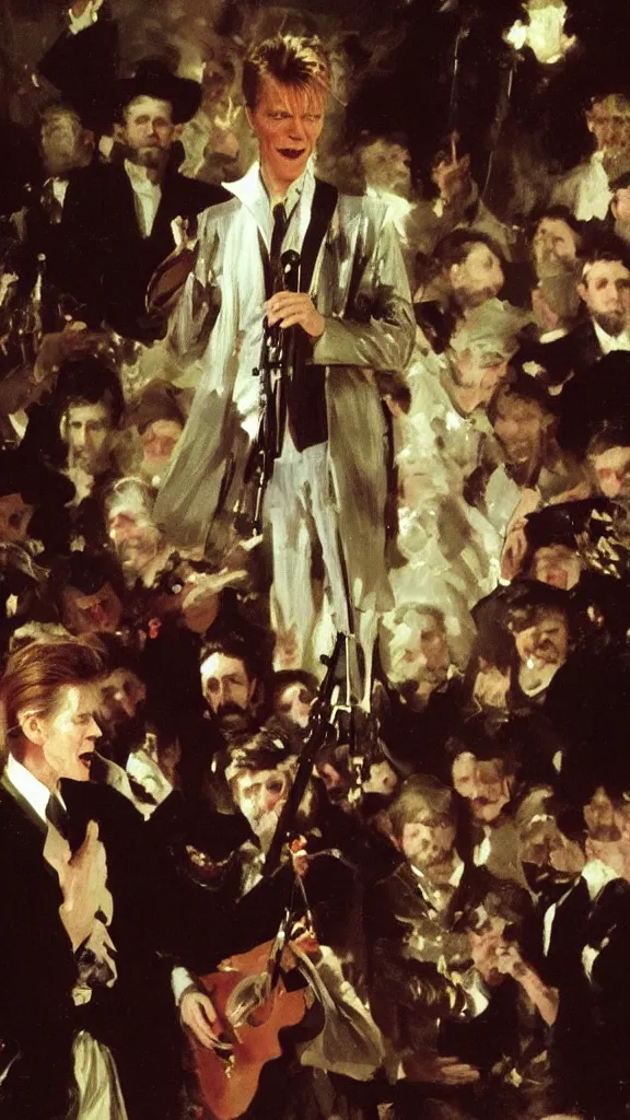 Image similar to david bowie in botanical room sing for ali khamenei by john singer sargent, cinematic, detailed