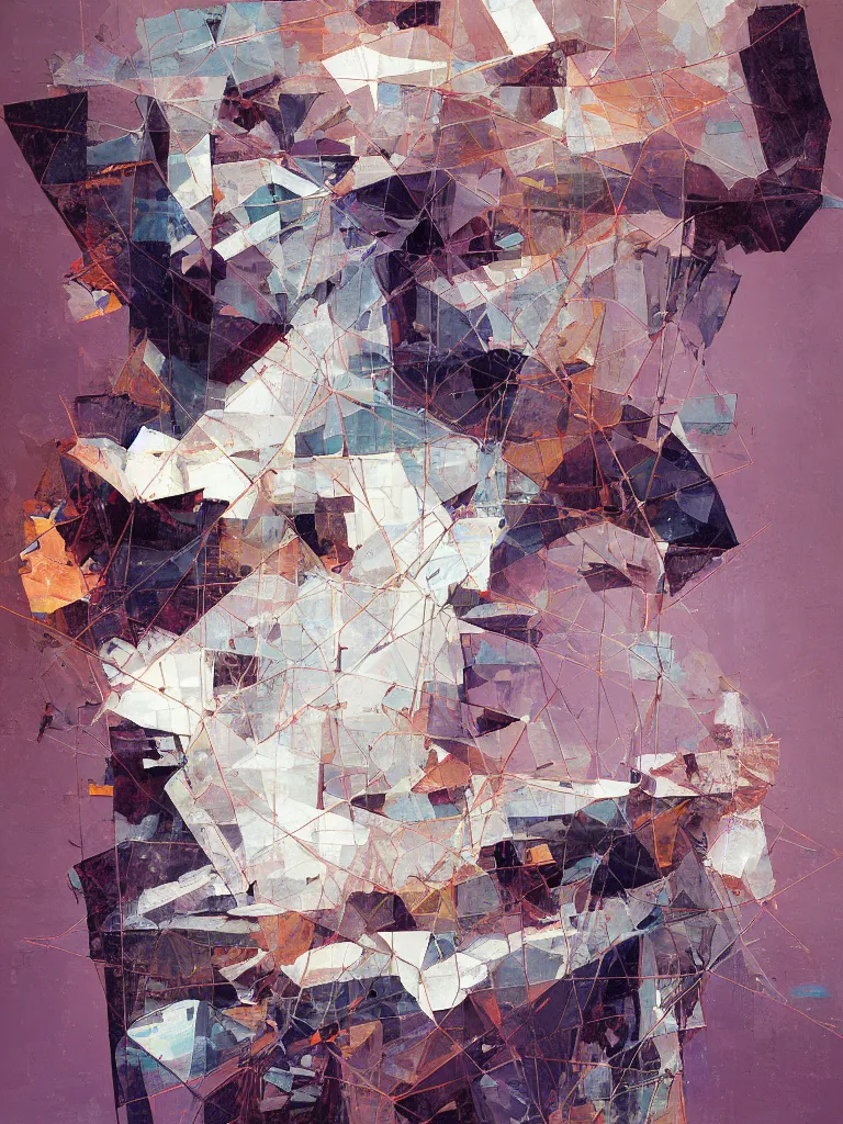 Image similar to a beautiful glitched square geometric painting by robert proch and emilio pettoruti of an anatomy study of the human nervous system on top of white rectangle shapes, color bleeding, pixel sorting, copper oxide and rust materials, brushstrokes by jeremy mann, dramatic lighting, pastel purple background