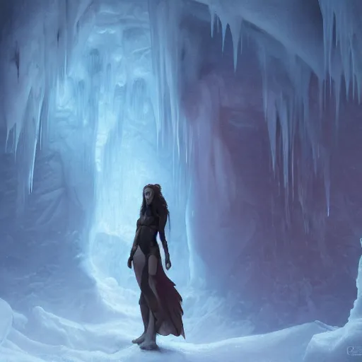 Image similar to clothed succubus in the ice cave. greg rutkowski. boris vallejo. color grading lut 3 8 4 0 x 2 1 6 0