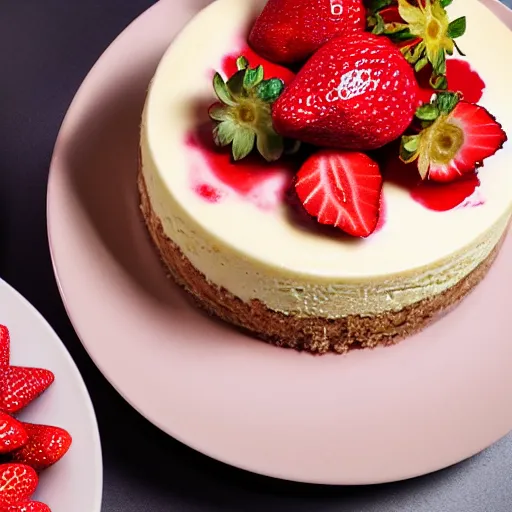 Prompt: realistic photo of a strawberry cheesecake, delicious, studio lighting, cinnamon and tea beside, realistic, food