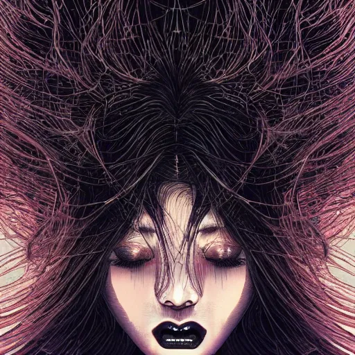 Prompt: portrait closeup of screaming black reflective glossy dark beautiful woman with lights hair, sensual pose, symmetrical, glitches, by yoichi hatakenaka, masamune shirow, josan gonzales and dan mumford, ayami kojima, takato yamamoto, barclay shaw, karol bak, yukito kishiro, moebius