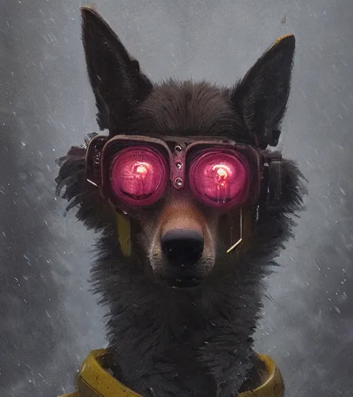 Image similar to new york city portrait of furry anthro anthropomorphic german shepard head animal person fursona wearing clothes strange cybernetic muzzle gloomy rainy cyberpunk 2077 digital art by Greg Rutkowski, Simon Stalenhag, christopher nolan trending on Artstation, CGSociety