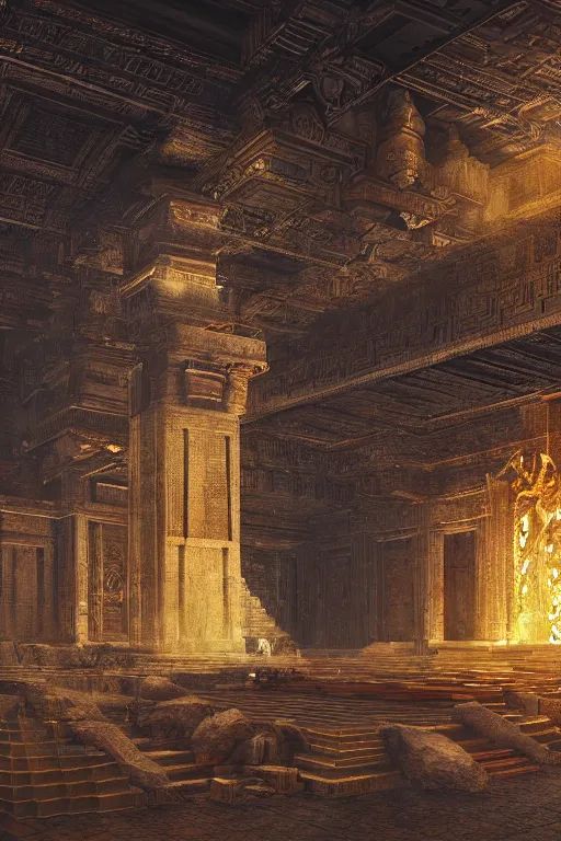 Image similar to inside a majestic aztec temple made of gold, intricate, elegant, volumetric lighting, digital painting, highly detailed, artstation, sharp focus, illustration, concept art, ruan jia, steve mccurry