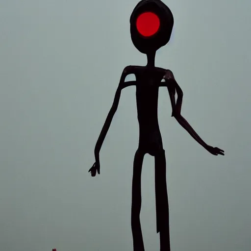 Prompt: tall lanky figure, standing in background, heavy fog, piercing red eyes