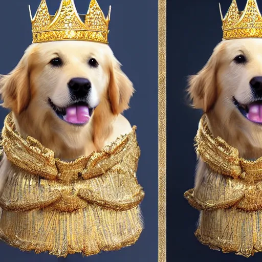 Image similar to Photomanipulation of golden retriver is dressed as a king, ultrarealism, photorealism, detailed, crown and gown