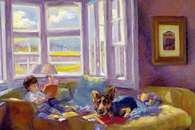 Prompt: impressionist oil painting with broad pallet knife, luminous muted colors, a bay window with comfy cushions, side view. a child reads a book, a german shepherd puppy sleeps next to the child. the room is dim with sun from the window highlighting the child.