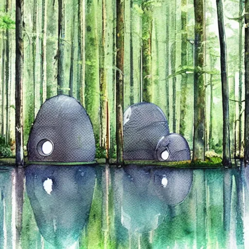 Prompt: beautiful happy picturesque charming organic futuristic sci - fi town of pod homes integrated in a forest area. water and trees. beautiful light. grainy and rough. soft colour scheme. beautiful artistic detailed watercolor by lurid. ( 2 0 2 2 )