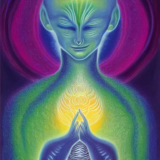 Image similar to painting of a tranquil alien made of light and glows meditating in dense forest by alex grey, acrylic art, ethereal, soothing, somber, elegant, warm light, cozy