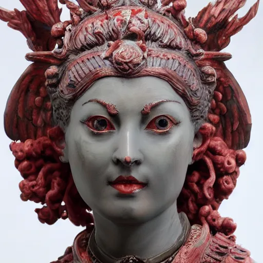 Image similar to museum angeline joile portrait statue monument made from porcelain brush face hand painted with iron red dragons full - length very very detailed by rutkowski symmetrical well proportioned full - body