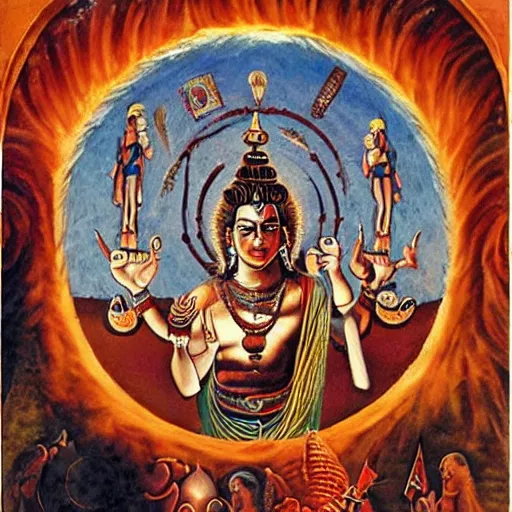 Prompt: silvio berlusconi avatar of the god shiva, traditional vedic painting, the wheel of samsara is visible