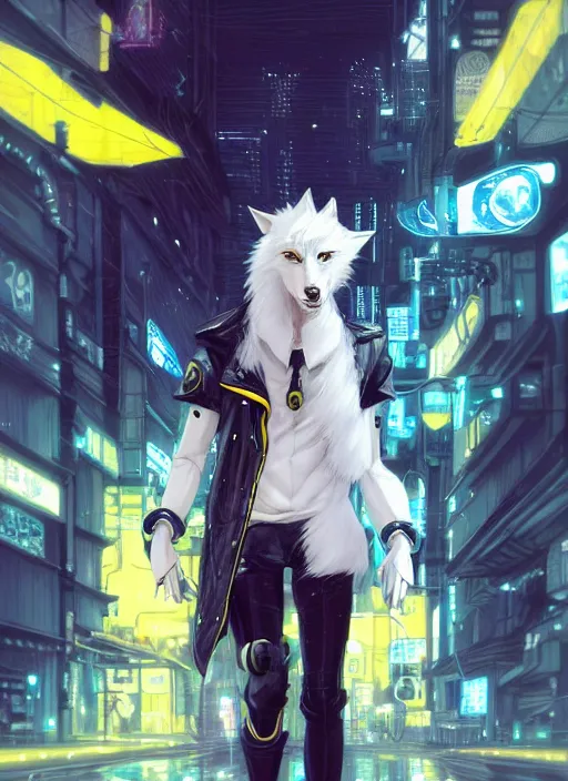 Prompt: award winning beautiful portrait commission of a male furry anthro albino wolf fursona with a tail and a cute beautiful attractive detailed furry face wearing stylish black and yellow cyberpunk biker clothes in a cyberpunk city at night while it rains. Character design by charlie bowater, ross tran, artgerm, and makoto shinkai, detailed, inked, western comic book art